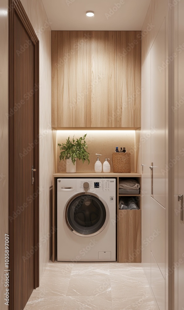 Modern laundry room with white washer and wooden cabinets. Modern laundry room with white washer and wooden cabinets.