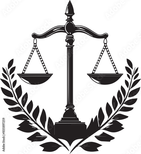 classic complex masterpiece monotone black logo logo of a scales of justice for a lawyer whit a olive leaft crown , on a white background