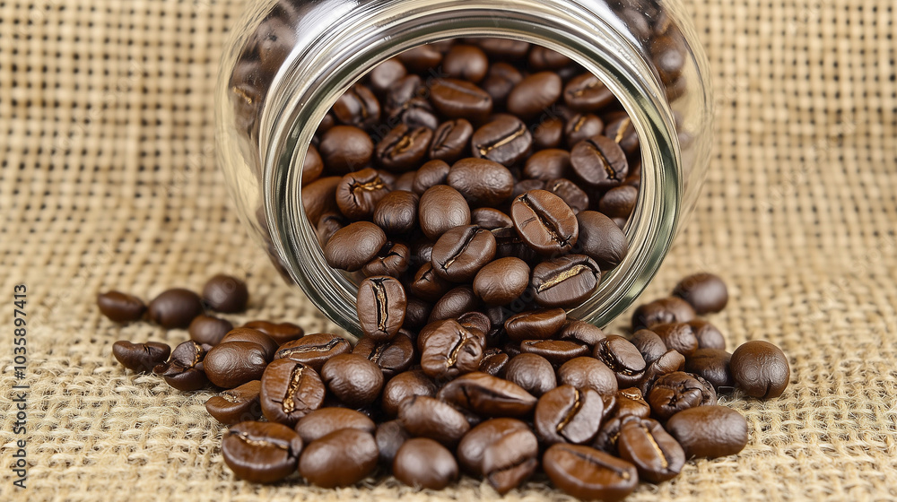 Fototapeta premium A large jar of coffee beans is poured out from a glass jar, spilling onto a burlap bag. This is often used to display the raw materials of coffee beverages.