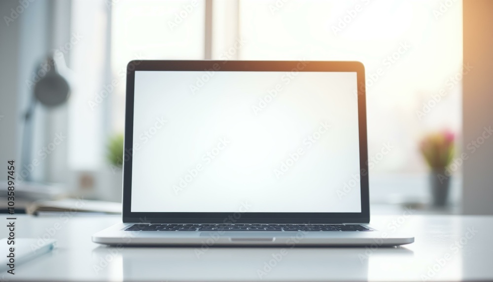 Laptop with Blank Screen on White Table near Window, Modern Workplace Concept. Laptop with Blank Screen on White Table near Window, Modern Workplace Concept.