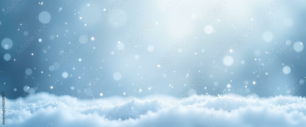 Fototapeta premium Winter wonderland, snowy landscape background, Christmas and New Year's greeting card design, serene winter scene, light blue bokeh, snowfall effect, winter holiday celebration concept.