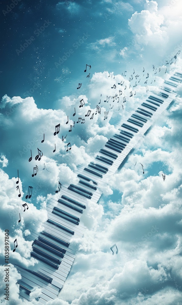 Piano keys in a cloudy sky with music notes.