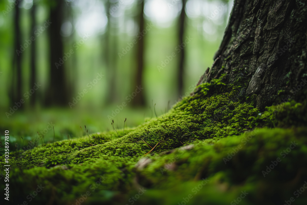 Close up detail growing moss and plants in forest, green energy, environment and ecology concept background.