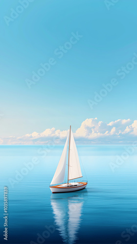 Serenity on the waters a solo sailboat gliding through tranquil blue oceans under a cloudy sky