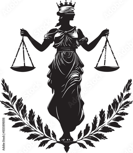 classic complex masterpiece monotone black logo logo of a scales of justice for a lawyer whit a olive leaft crown , on a white background