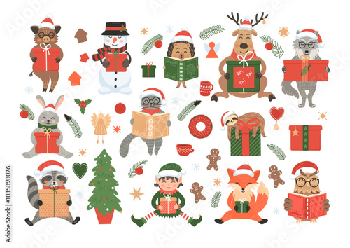 Christmas children set. Animals with christmas gifts and books. Animals wearing Christmas with xmas decor.