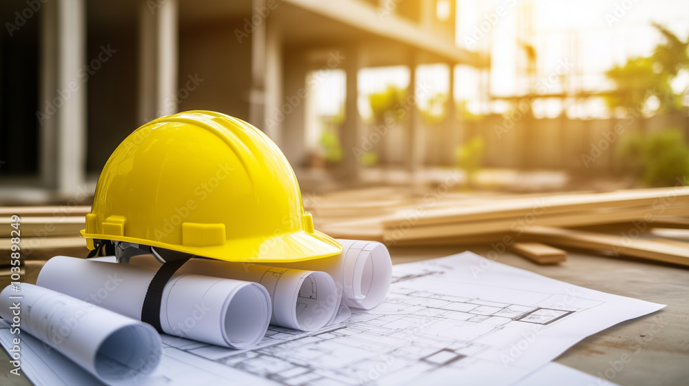 close up view of yellow safety helmet placed on rolled-up blueprints on the construction site. it can be used to emphasize construction safety and safe production. close up view of yellow safety helmet placed on rolled-up blueprints on the construction site. it can be used to emphasize construction safety and safe production.