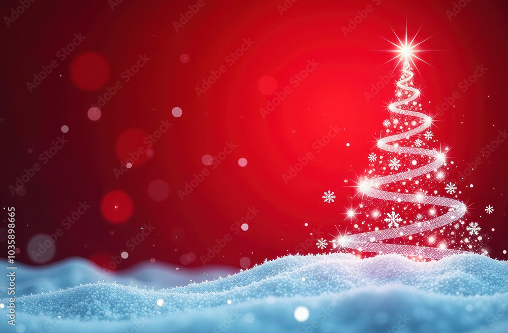 Glowing Christmas tree made of light spirals stands on a snowy surface, with a vibrant red background Glowing Christmas tree made of light spirals stands on a snowy surface, with a vibrant red background