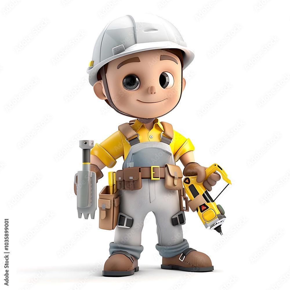 Cartoon Construction Worker Holding Tools 3D Rendering Cartoon Construction Worker Holding Tools 3D Rendering