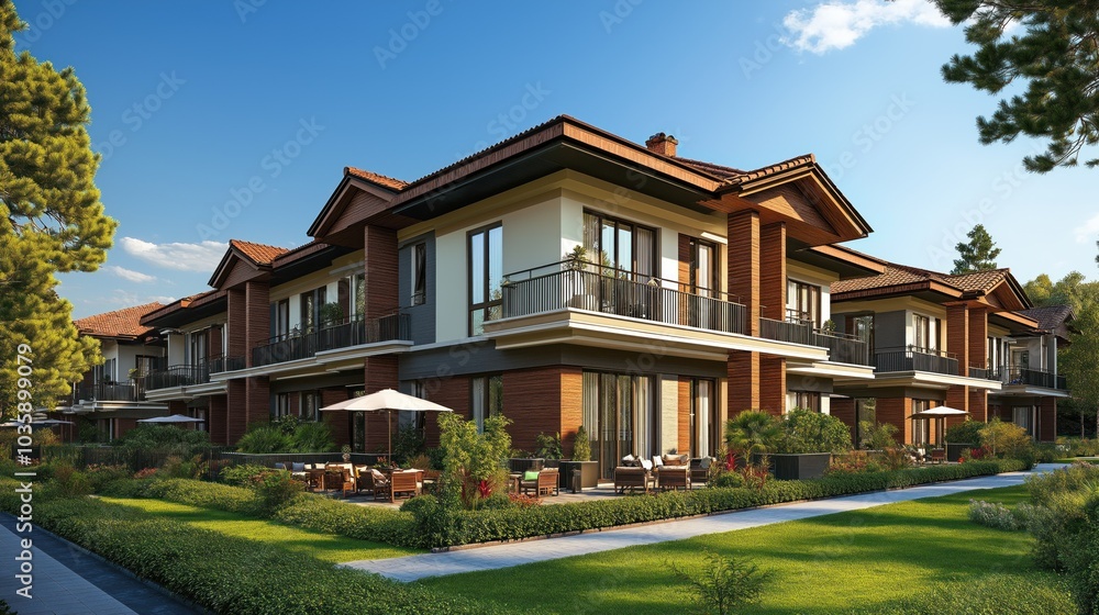 Stylish apartments in a picturesque setting, featuring manicured gardens and cozy outdoor spaces under clear skies Stylish apartments in a picturesque setting, featuring manicured gardens and cozy outdoor spaces under clear skies
