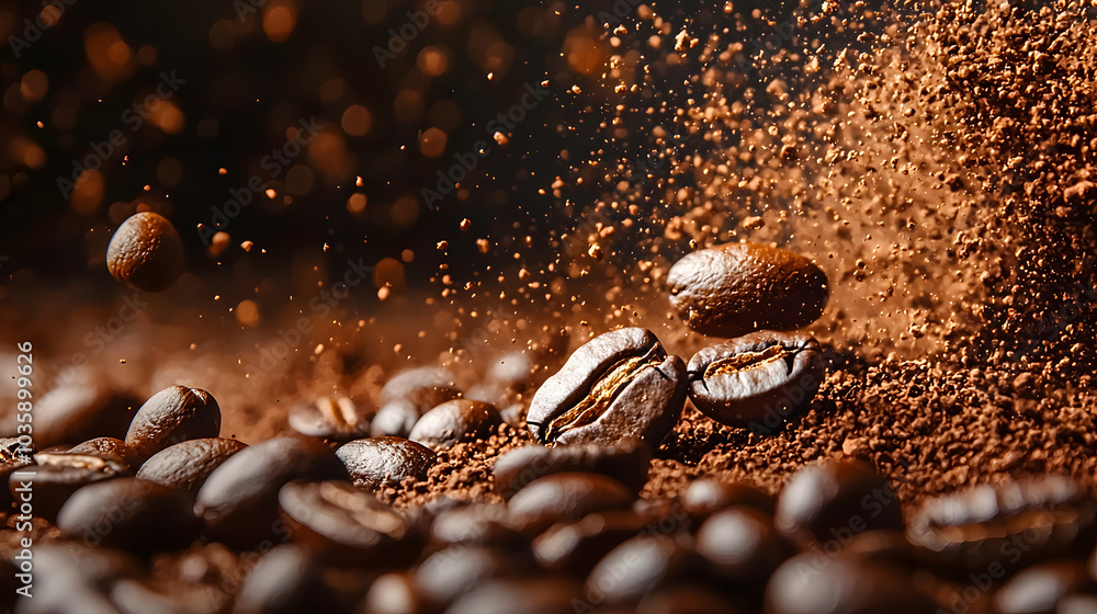 Flying Coffee Beans on Dark Brown Background Flying Coffee Beans on Dark Brown Background
