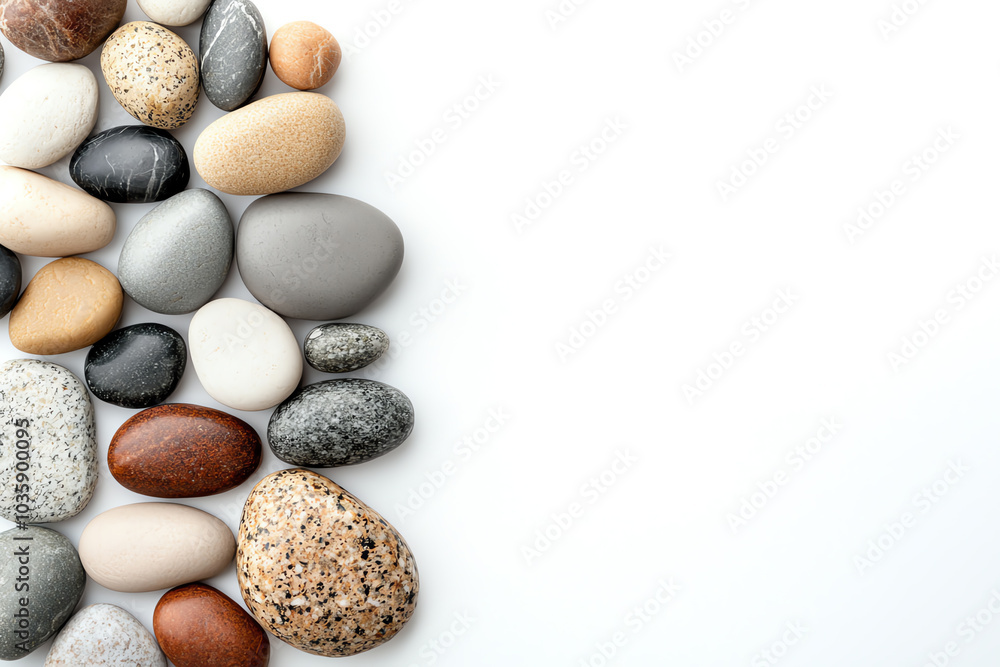 A beautiful arrangement of colorful stones on a white background for natural aesthetic appeal A beautiful arrangement of colorful stones on a white background for natural aesthetic appeal