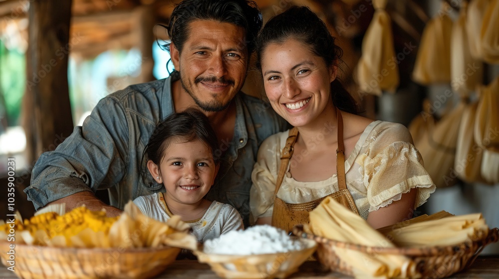 A family making tamales together in a kitchen. A family making tamales together in a kitchen.