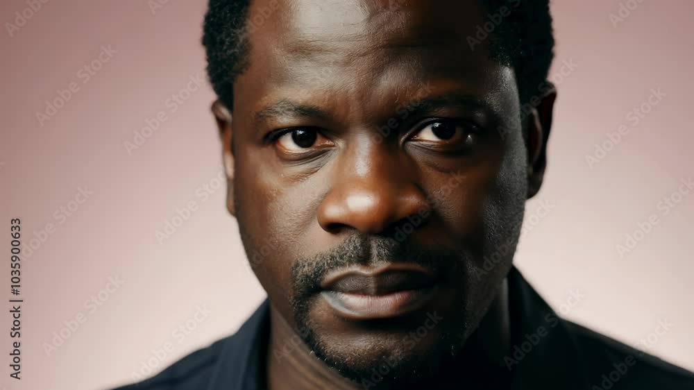 Serious African-American man in close-up, standing against a light pink background, highlighted by soft fill light that emphasizes facial details and expressions Serious African-American man in close-up, standing against a light pink background, highlighted by soft fill light that emphasizes facial details and expressions