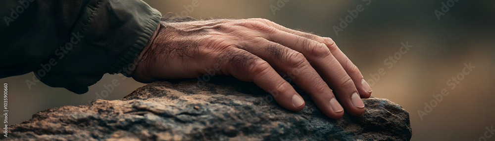 Fototapeta premium Close Up of a Hand Resting on a Rock Nature Wilderness Texture Rugged Exploration