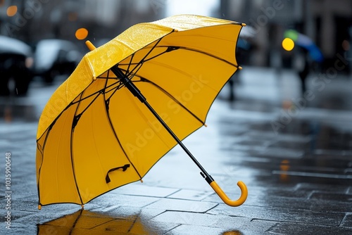 An umbrella in Illuminating Yellow, standing out against a rainy grey street photo