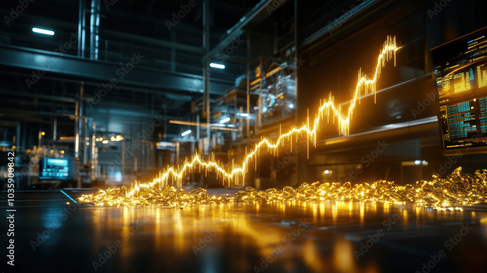 Glowing gold colored line graph on dark screen symbolizes growth and success Glowing gold colored line graph on dark screen symbolizes growth and success