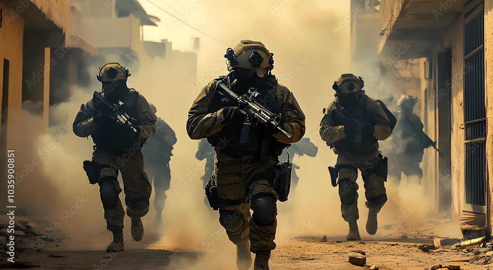 Swat team conducts a tactical operation in an urban area during daylight hours amidst smoke and chaos Swat team conducts a tactical operation in an urban area during daylight hours amidst smoke and chaos