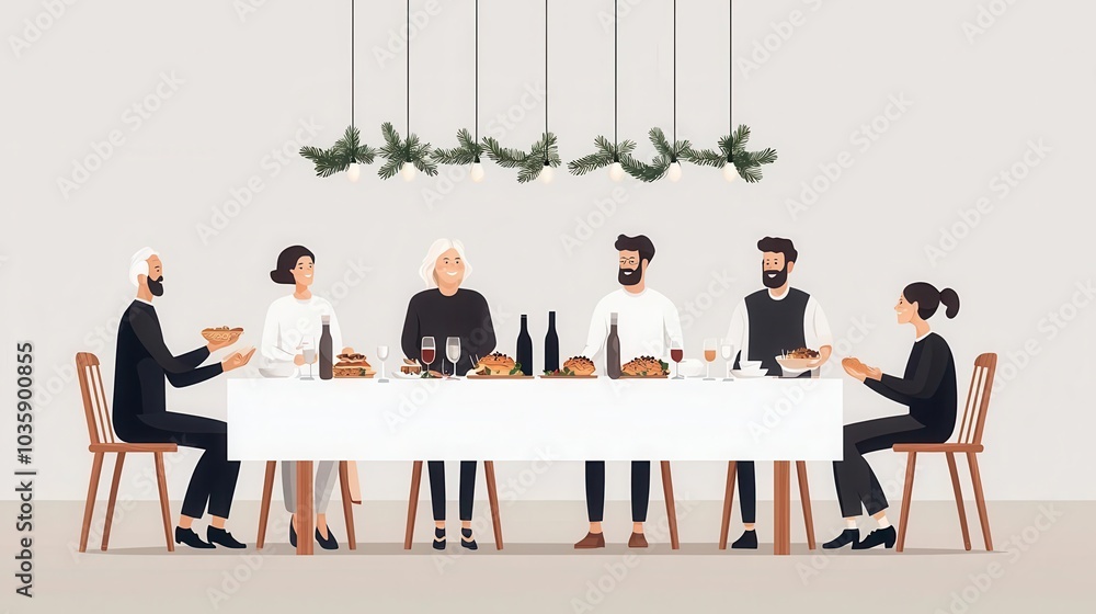 New Year 2025, multigenerational family dinner, shared happiness, flat design illustration New Year 2025, multigenerational family dinner, shared happiness, flat design illustration