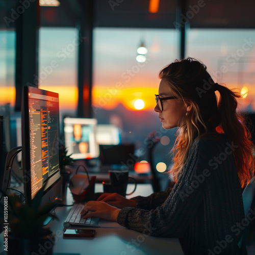 Focused Woman Working at Home Office Desk in a Modern Workspace