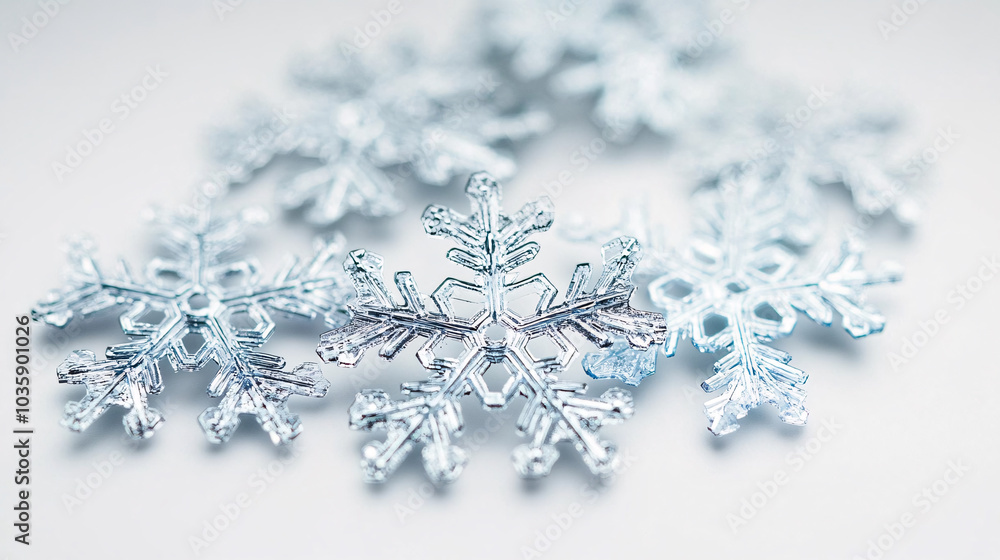 Close Up Of Silver Snowflakes On White Background Close Up Of Silver Snowflakes On White Background