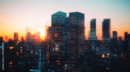 Futuristic urban skyline at dusk