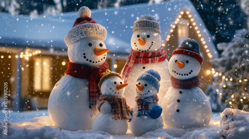 Joyful family of snowmen gathered outside a cozy, snow-covered home, creating a heartwarming holiday scene with snowflakes falling gently. Image made using Generative AI. photo