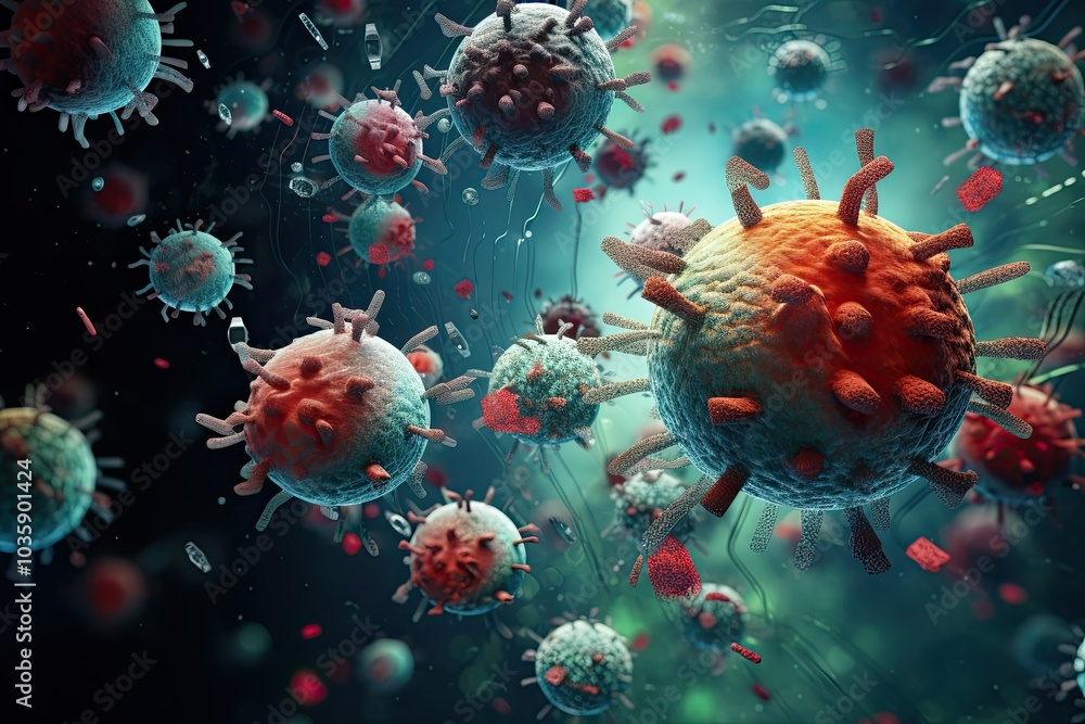 Fototapeta premium Researchers analyze vibrant depictions of antibiotic resistant bacteria to educate the public on the growing health threat they pose today