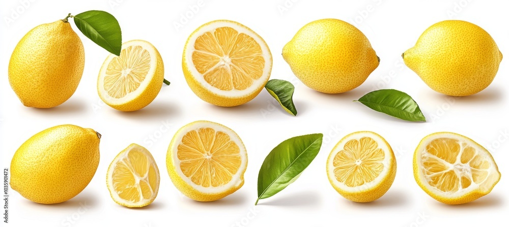 Fresh ripe lemons and lemon slices with green leaves isolated on white background. Fresh ripe lemons and lemon slices with green leaves isolated on white background.