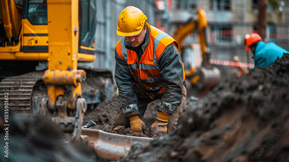 Construction worker kneeling and digging in muddy terrain with heavy machinery in the background Construction worker kneeling and digging in muddy terrain with heavy machinery in the background