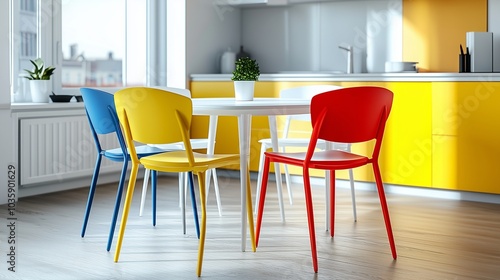 A minimalist plastic chair in bold primary colors, arranged around a white table in a modern kitchen.