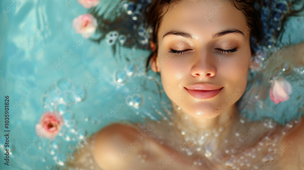 Serene woman floating with closed eyes in clear blue water Serene woman floating with closed eyes in clear blue water