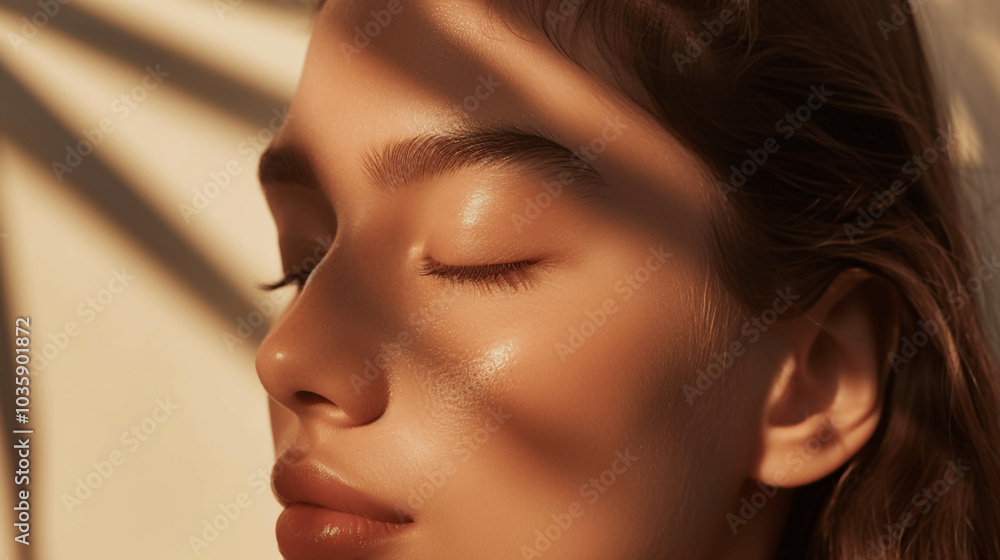 Close-up of serene woman with closed eyes in soft sunlight and shadows Close-up of serene woman with closed eyes in soft sunlight and shadows