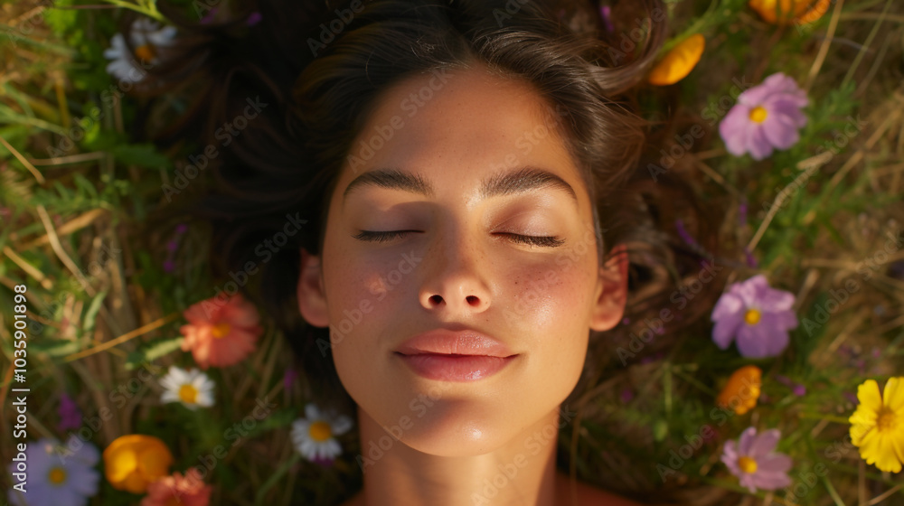 Peaceful woman with closed eyes lying in a meadow of wildflowers Peaceful woman with closed eyes lying in a meadow of wildflowers
