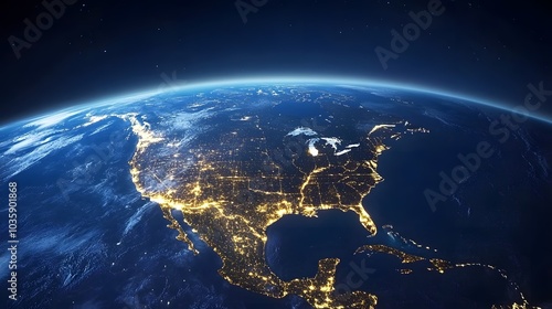 Fototapeta Naklejka Na Ścianę i Meble -  Glowing earth from space north america at night with city lights and celestial digital illustration