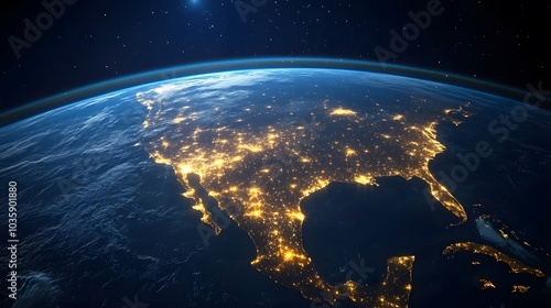 Fototapeta Naklejka Na Ścianę i Meble -  Glowing earth from space north america at night with city lights and celestial digital illustration