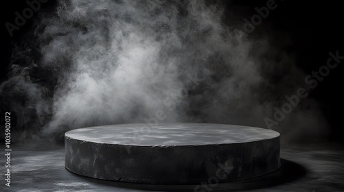 Podium black dark smoke background product platform abstract stage texture fog spotlight.