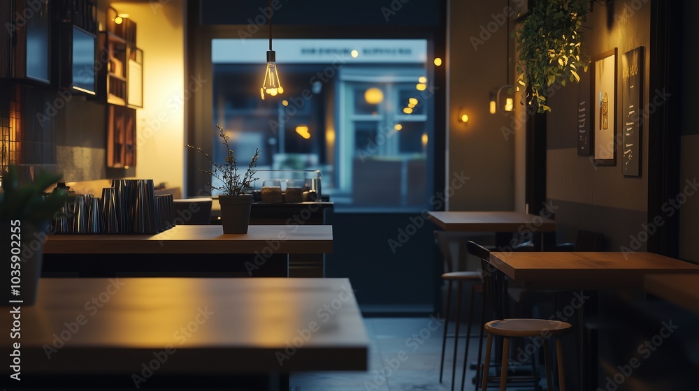 A modern cafe interior with clean wooden tables, soft lighting, and minimalist urban decor. A modern cafe interior with clean wooden tables, soft lighting, and minimalist urban decor.