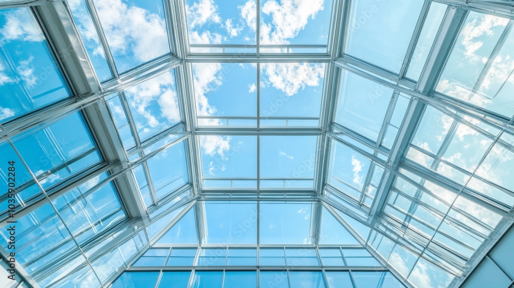 A view of a glass ceiling with blue sky and white clouds visible through the glass panels. A view of a glass ceiling with blue sky and white clouds visible through the glass panels.