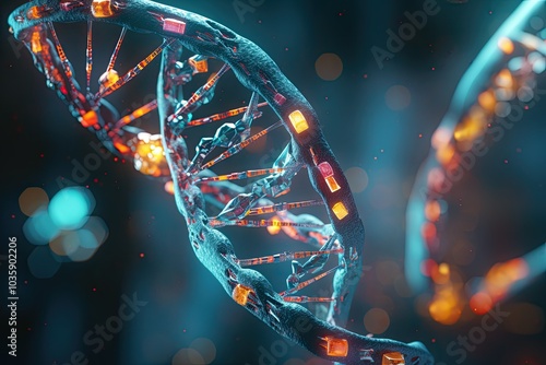 A close up of glowing DNA strands highlights intricate genetic structures representing advanced medical science concepts in a high tech research environment