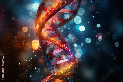 A detailed depiction of DNAs double helix showcases its molecular structure against a colorful illuminated background emphasizing its scientific significance photo