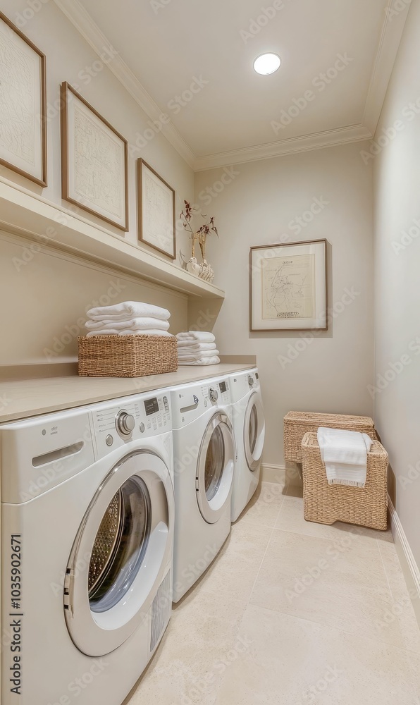 Laundry room with white appliances and artwork. Laundry room with white appliances and artwork.