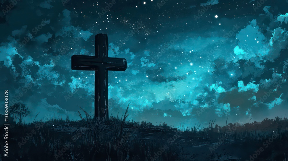 A wooden cross stands tall against a backdrop of a starry night sky. A wooden cross stands tall against a backdrop of a starry night sky.