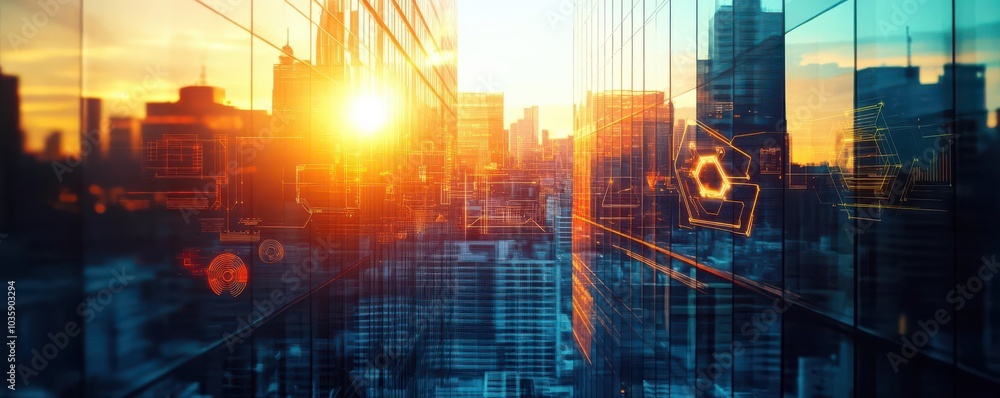 Fototapeta premium Sunset reflecting off sleek city towers