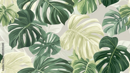 A tropical jungle vector pattern with large overlapping monstera and philodendron leaves on a neutral grey background, arranged for seamless repetition