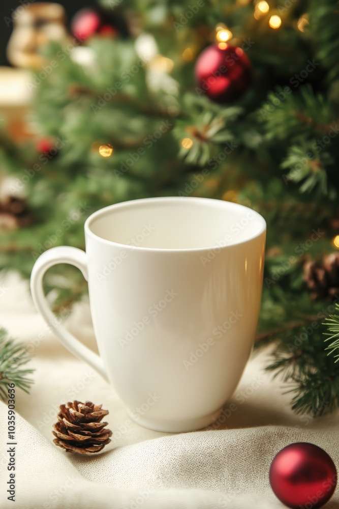 A white cup sits on a table next to a pine cone and a red ball. The scene is set in a cozy, festive atmosphere, likely during the holiday season A white cup sits on a table next to a pine cone and a red ball. The scene is set in a cozy, festive atmosphere, likely during the holiday season