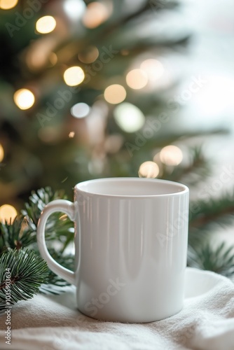 A white coffee cup sits on a table next to a Christmas tree. The tree is lit up with lights, creating a warm and cozy atmosphere. The cup is the focal point of the image