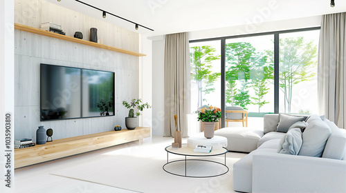 Modern living room interior with natural light stylish furniture and greenery photo