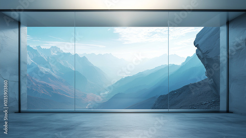 Panoramic window with mountain and sky views