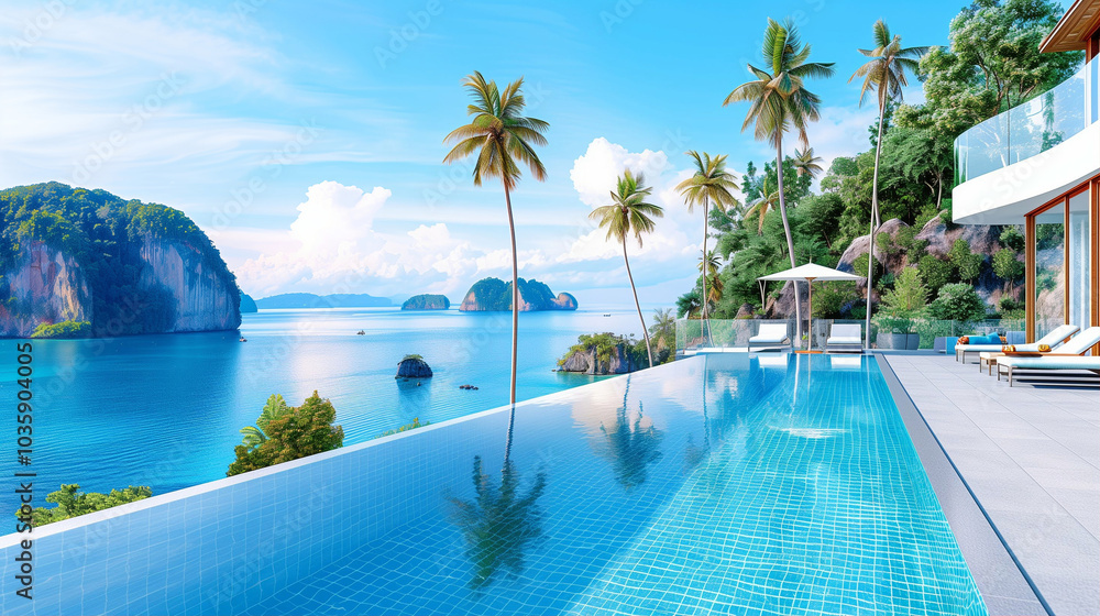 Luxury poolside resort with stunning ocean view and palm trees Luxury poolside resort with stunning ocean view and palm trees